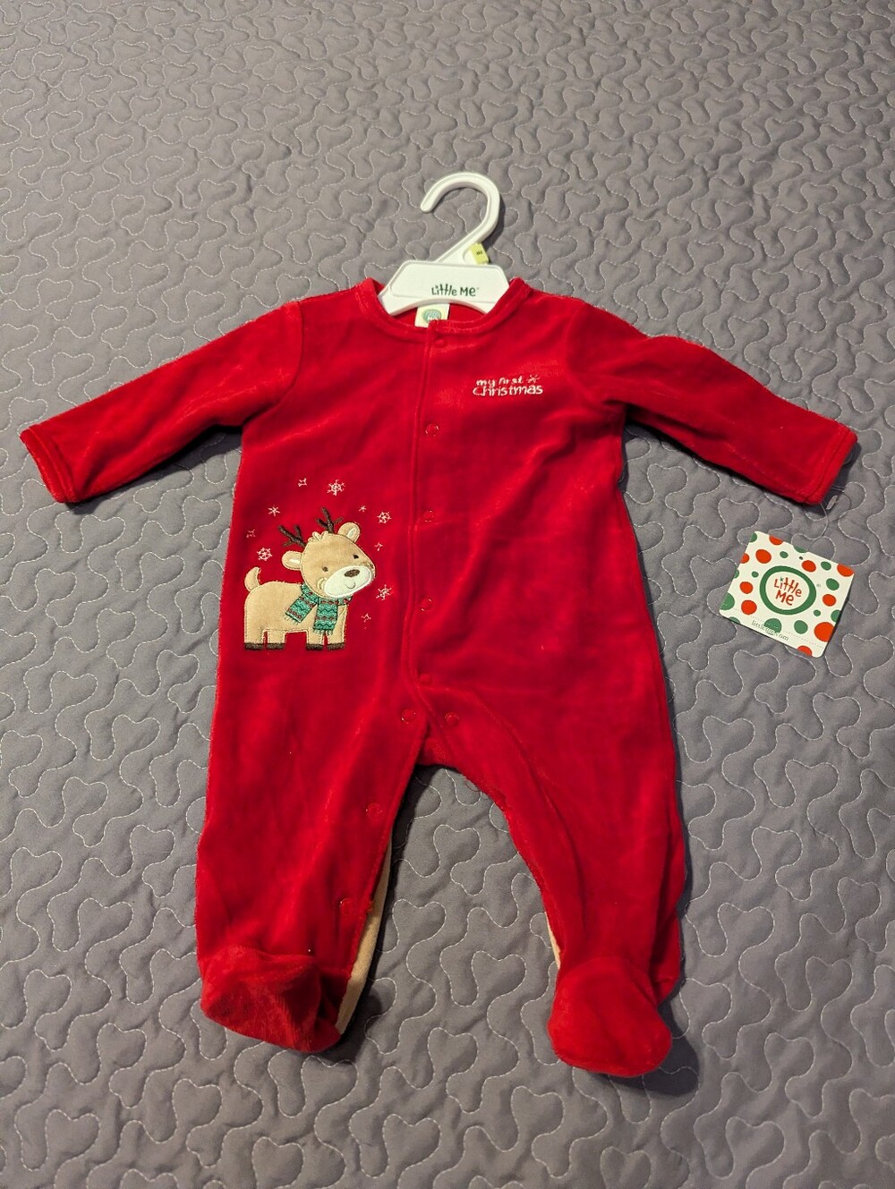 NWT Little Me Baby Infant Velour My First Christmas 3 Mo Pajamas Reindeer Red
